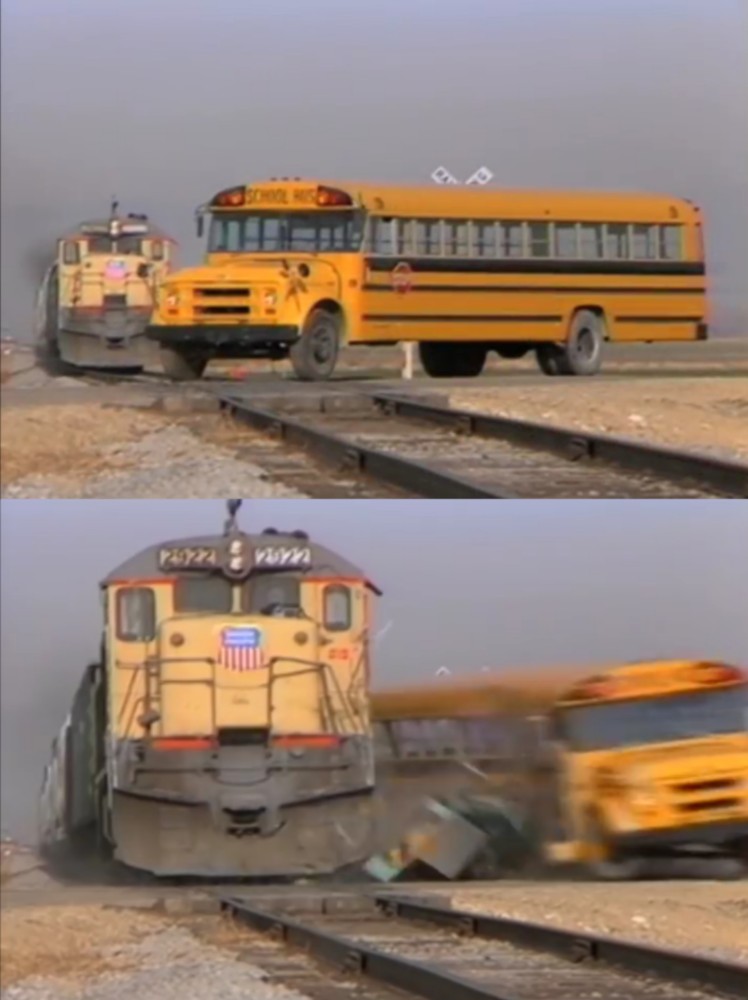 train crashes bus