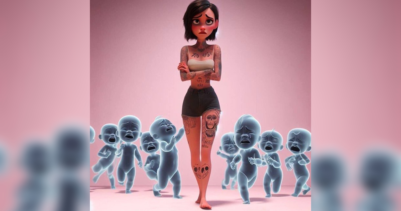 Aborted Baby Ghosts Crying Around Tattooed Woman (Pixar AI) Meme Template