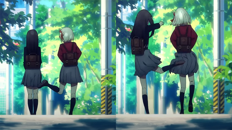 Chisato and Takina Kicking Each Other's Butt Meme Template