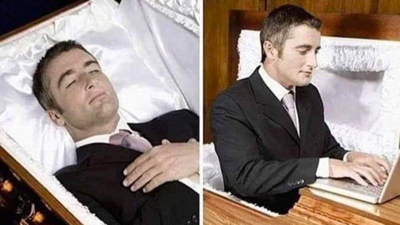 Deceased Man in Coffin Typing on a Laptop Meme Template