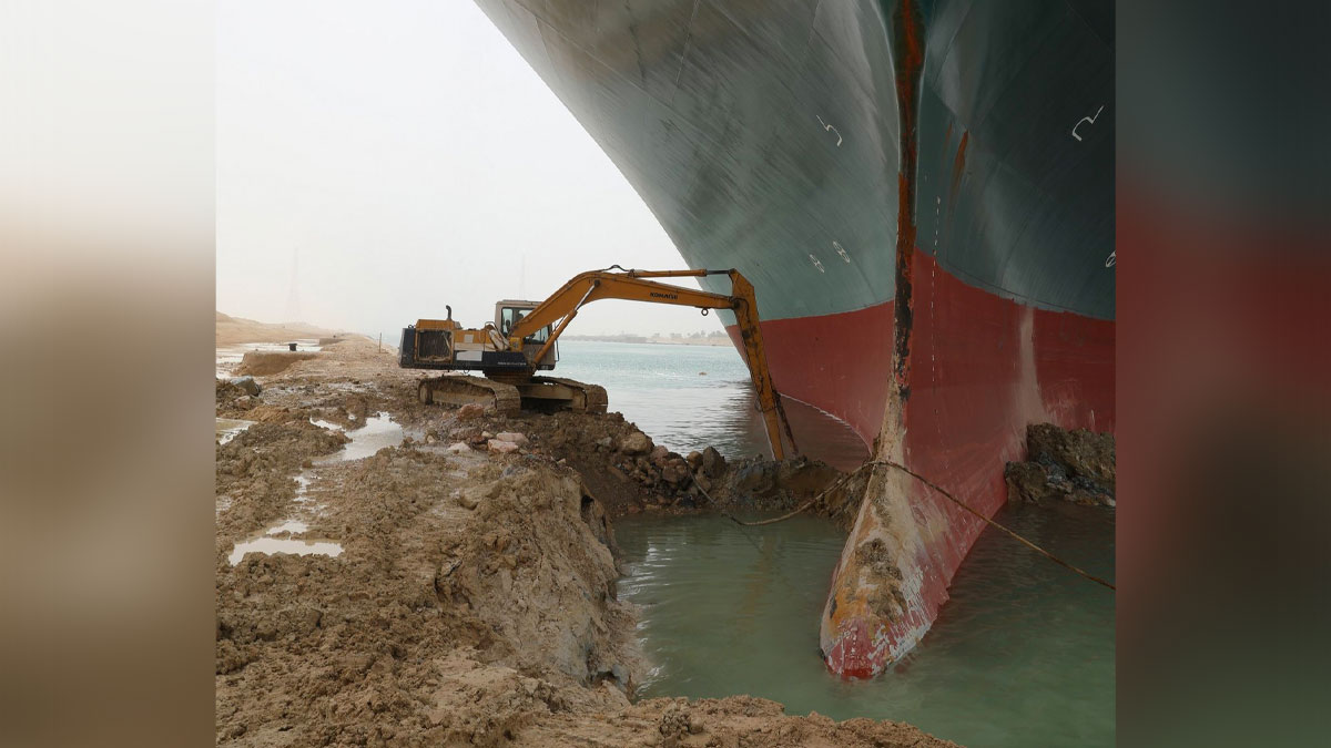 Excavator Digging Out Suez Canal Ship