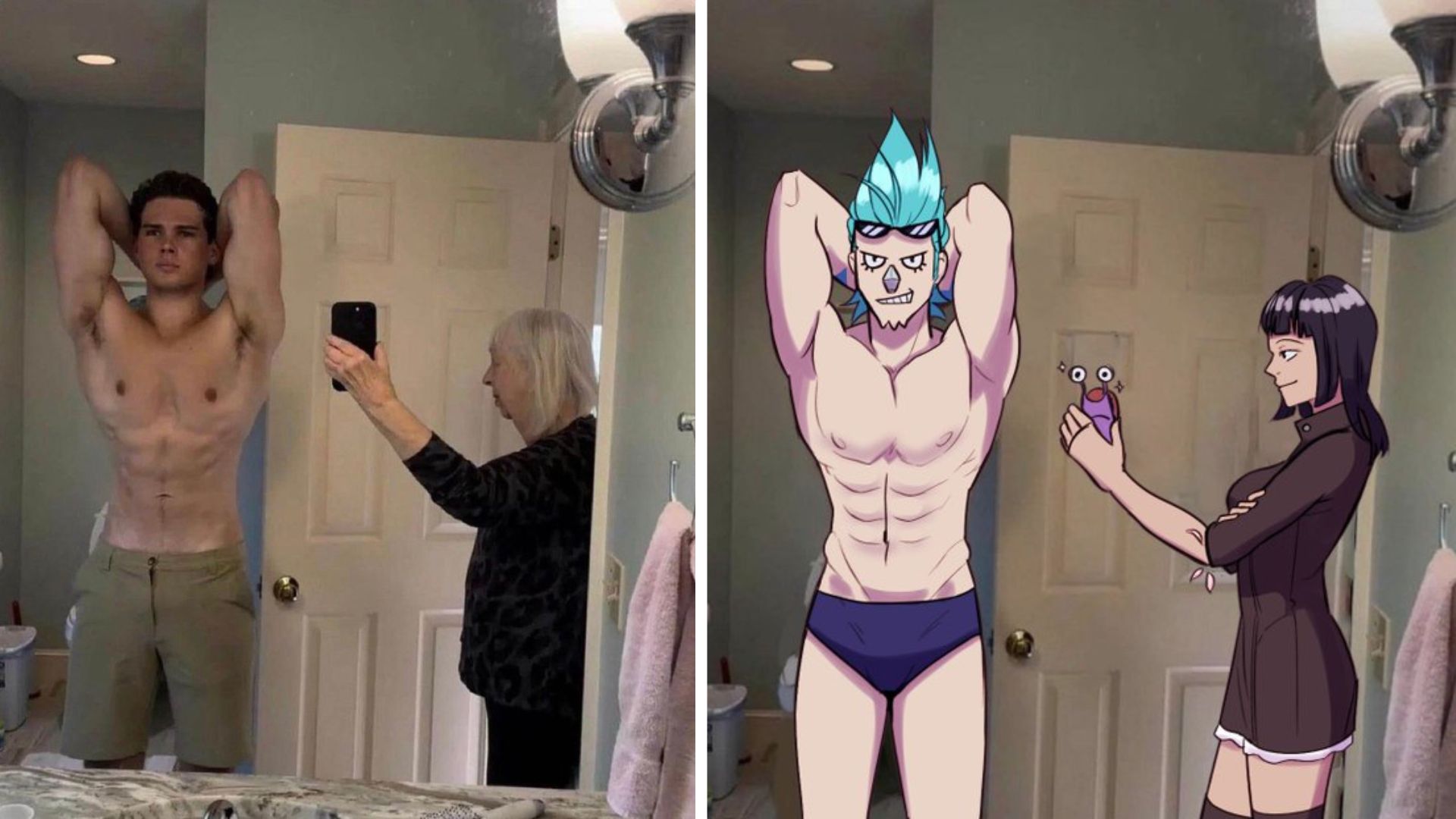 Grandma Taking Photo of Grandson In Bathroom Mirror Meme Template