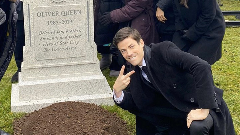 Grant Gustin Next To Oliver Queen's Grave Meme Template