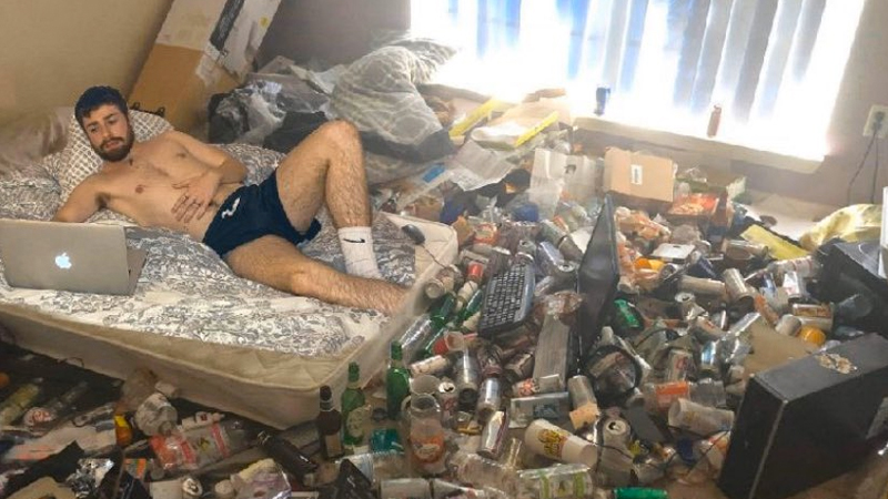 Man in Underwear Lying on Bed Surrounded By Garbage Meme Template
