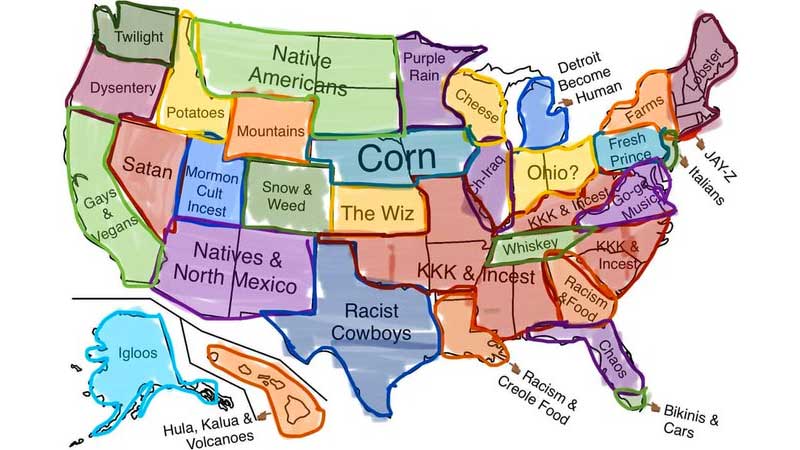 Map Of USA Cultural Stereotypes Meme Template