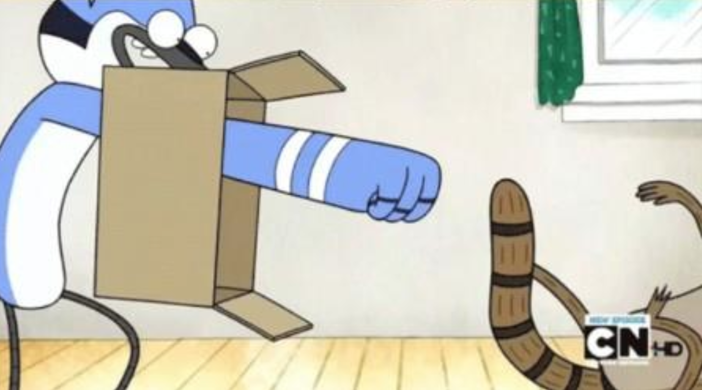 Mordecai Punches Rigby Through a Box Meme Template