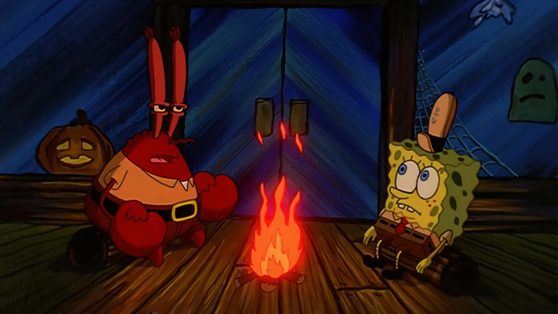Mr. Krabs Telling Story to SpongeBob by a Campfire