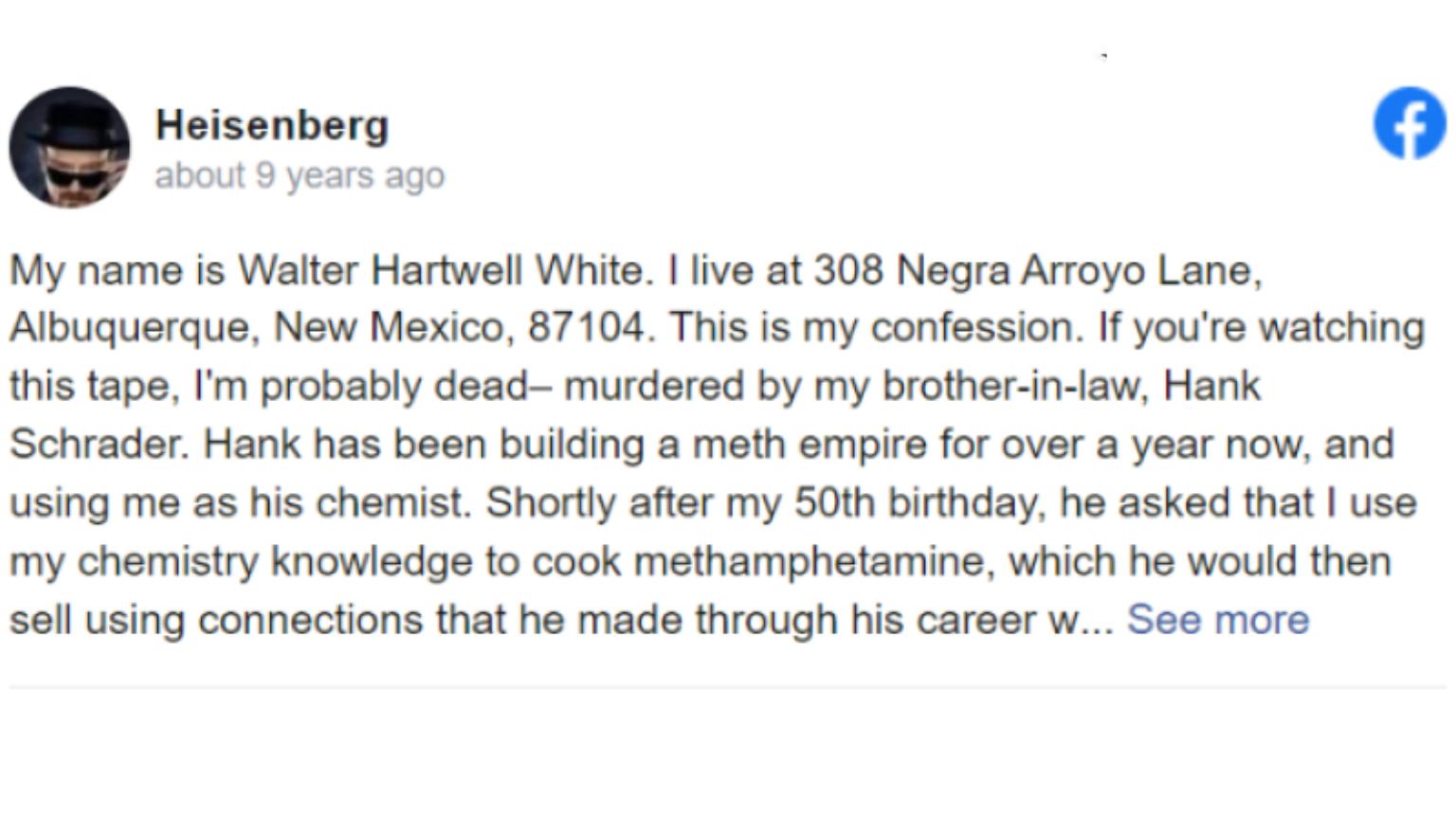 My Name is Walter Hartwell White Confession Copypasta Meme Template