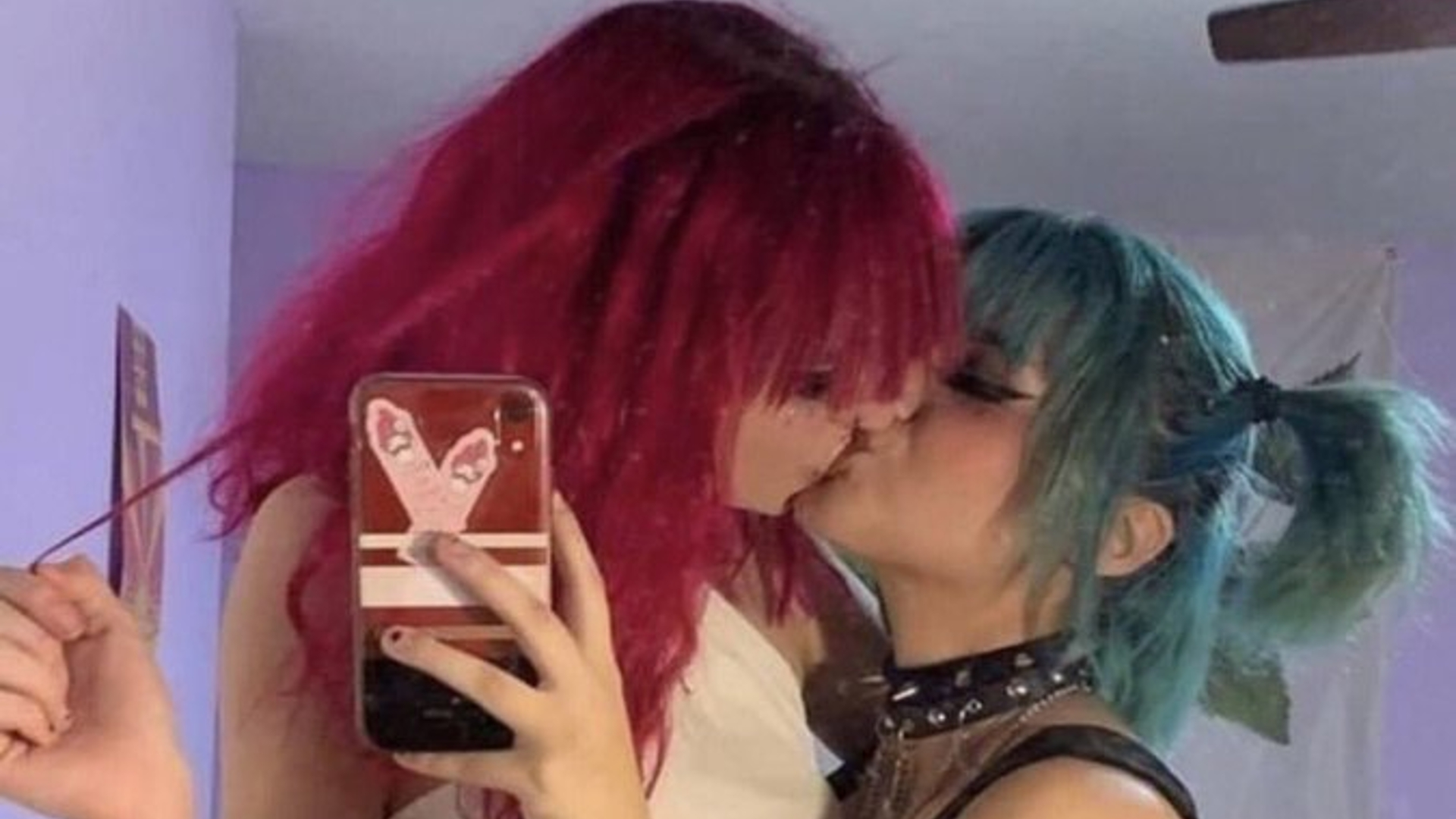 Red Hair E-Girl and Blue Hair Goth Girl Making Out Selfie Meme Template