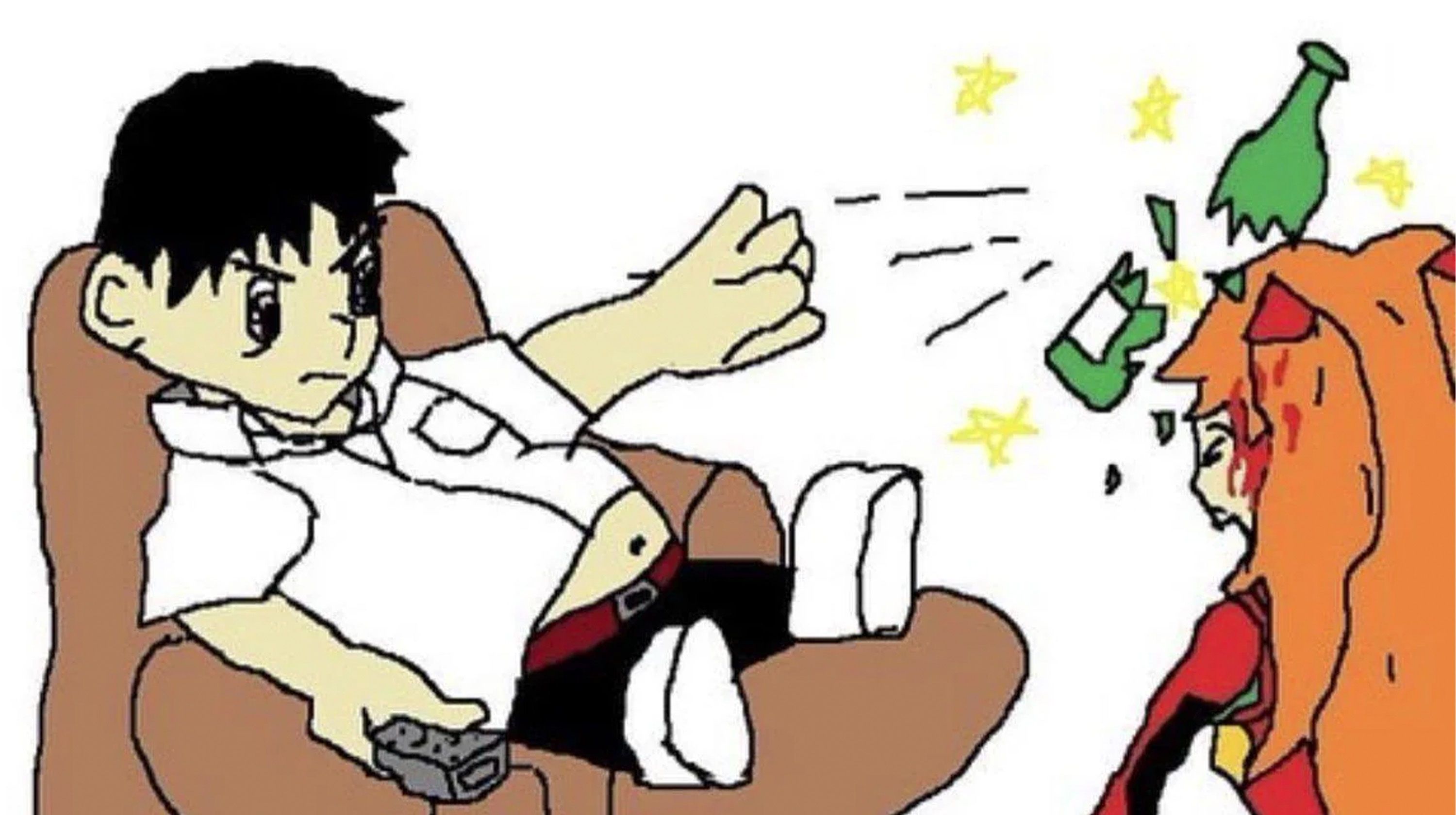 Shinji Throwing a Bottle at Asuka Meme Template