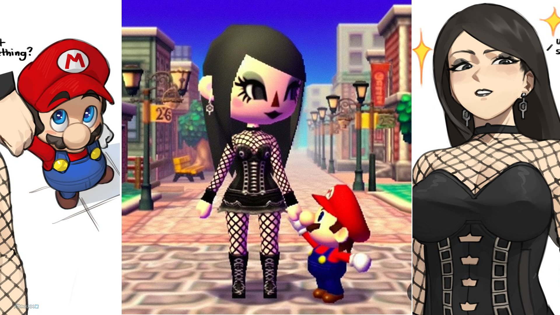 Short Mario Holding Tall Goth Girl's Hand