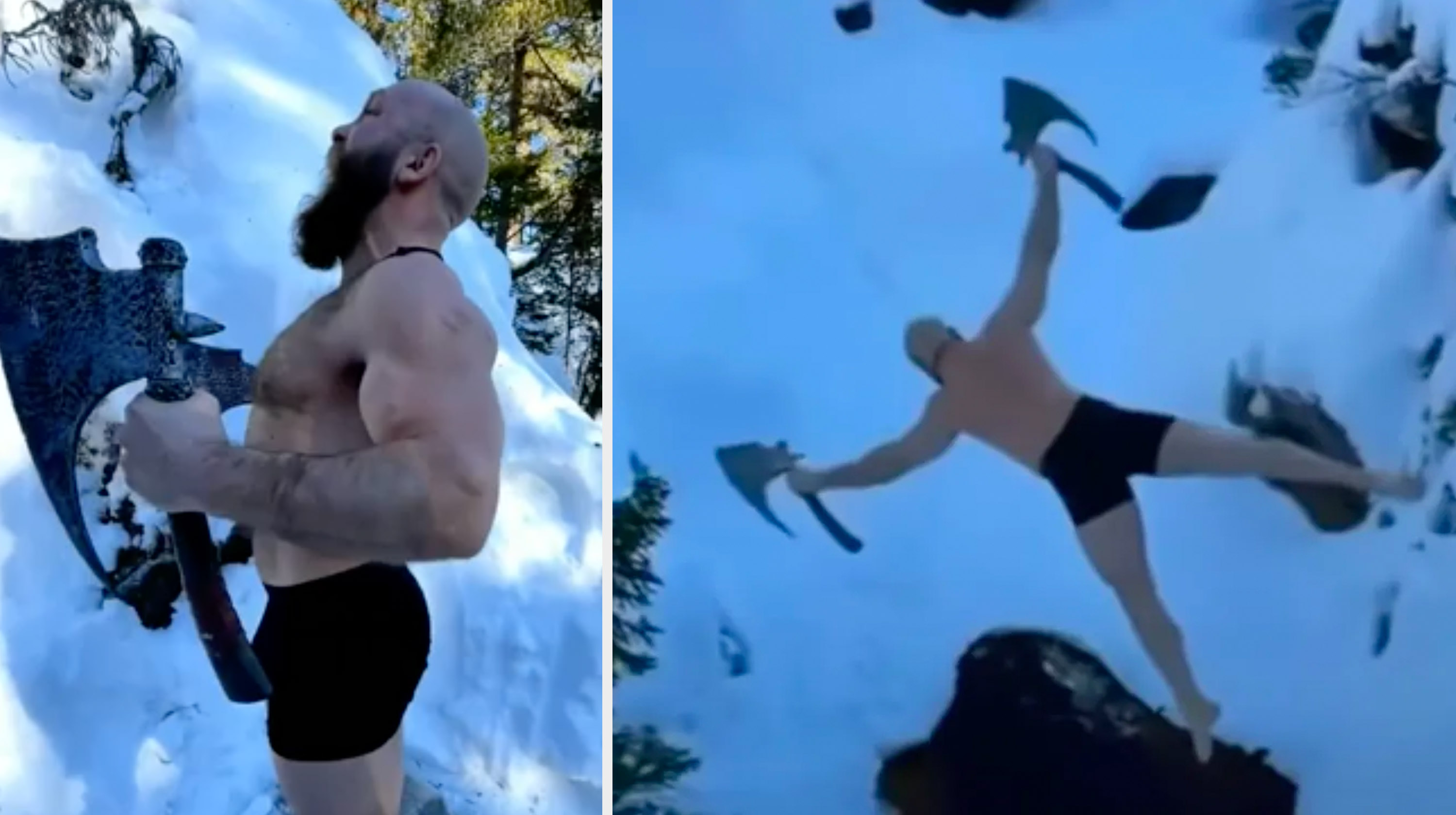 Viking Guy With Two Battle Axes Jumping Off a Snowy Cliff
